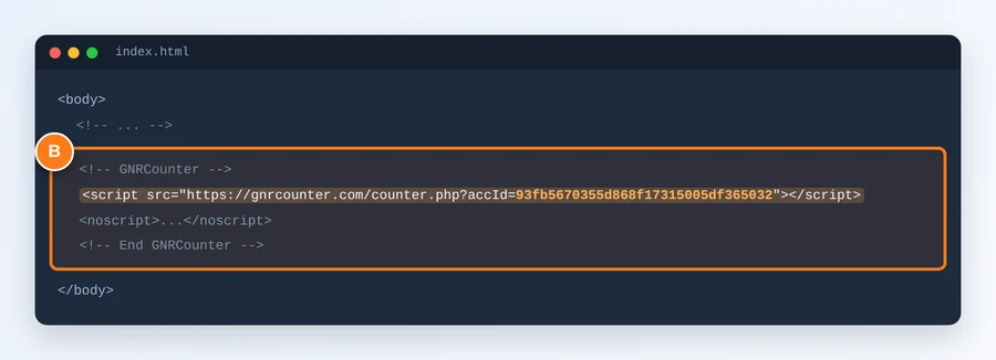 Le code du compteur mis en évidence dans le HTML d’un site web