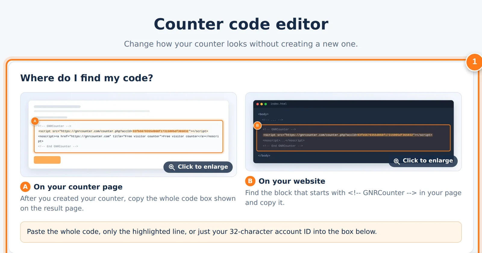 L’éditeur de code GNRCounter avec la zone pour trouver votre code et le champ où le coller