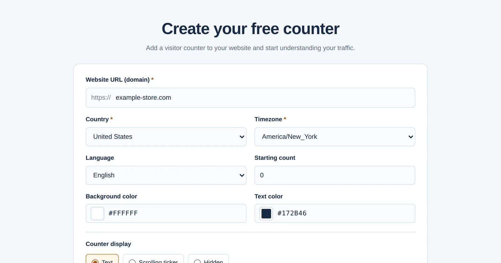 Le formulaire GNRCounter de création d’un compteur gratuit avec site web, pays, fuseau horaire, langue et paramètres d’affichage