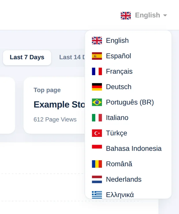 Le sélecteur de langue ouvert avec la liste des langues et des drapeaux