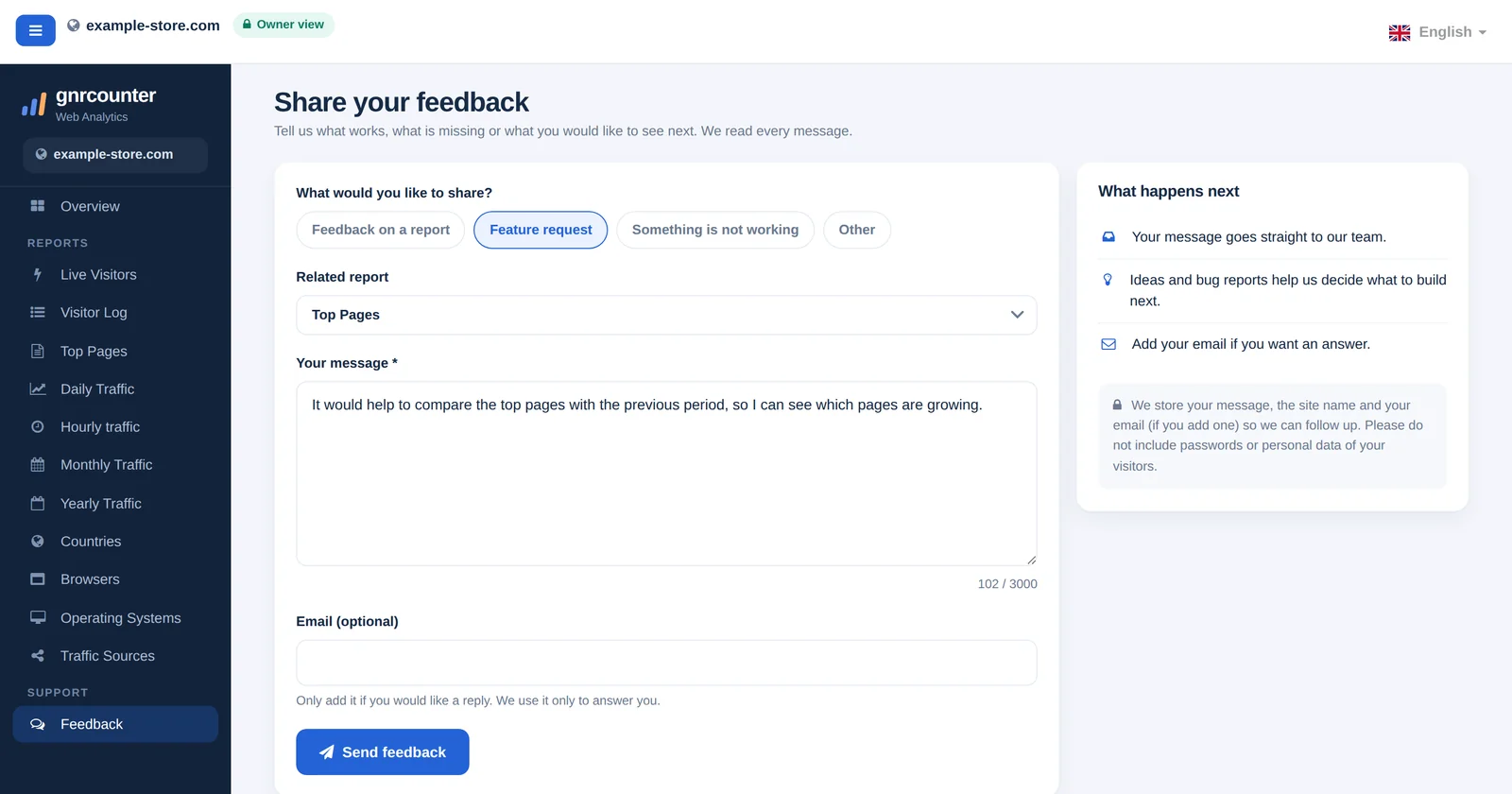 La page Avis de GNRCounter avec le formulaire de message comprenant type de message, rapport concerné, message et e-mail, avec des données d’exemple