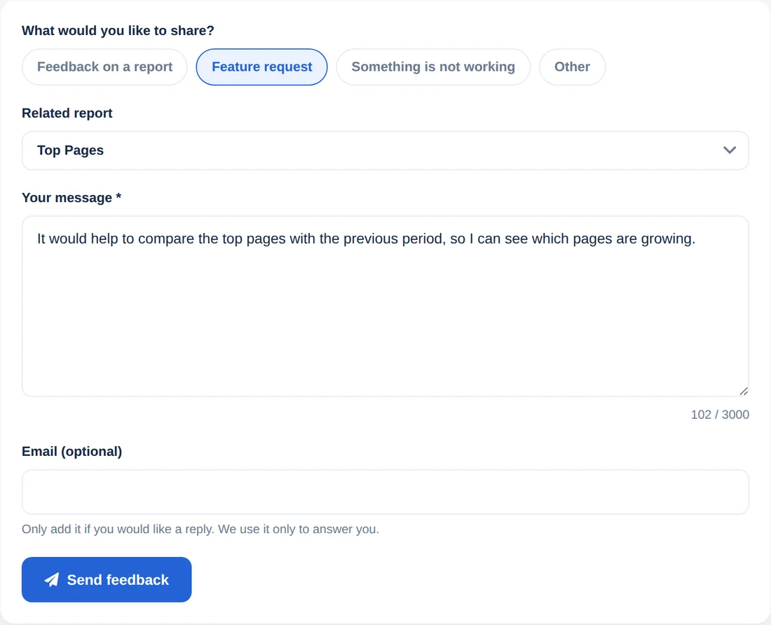 Le formulaire d’avis avec type de message, rapport concerné, message et e-mail