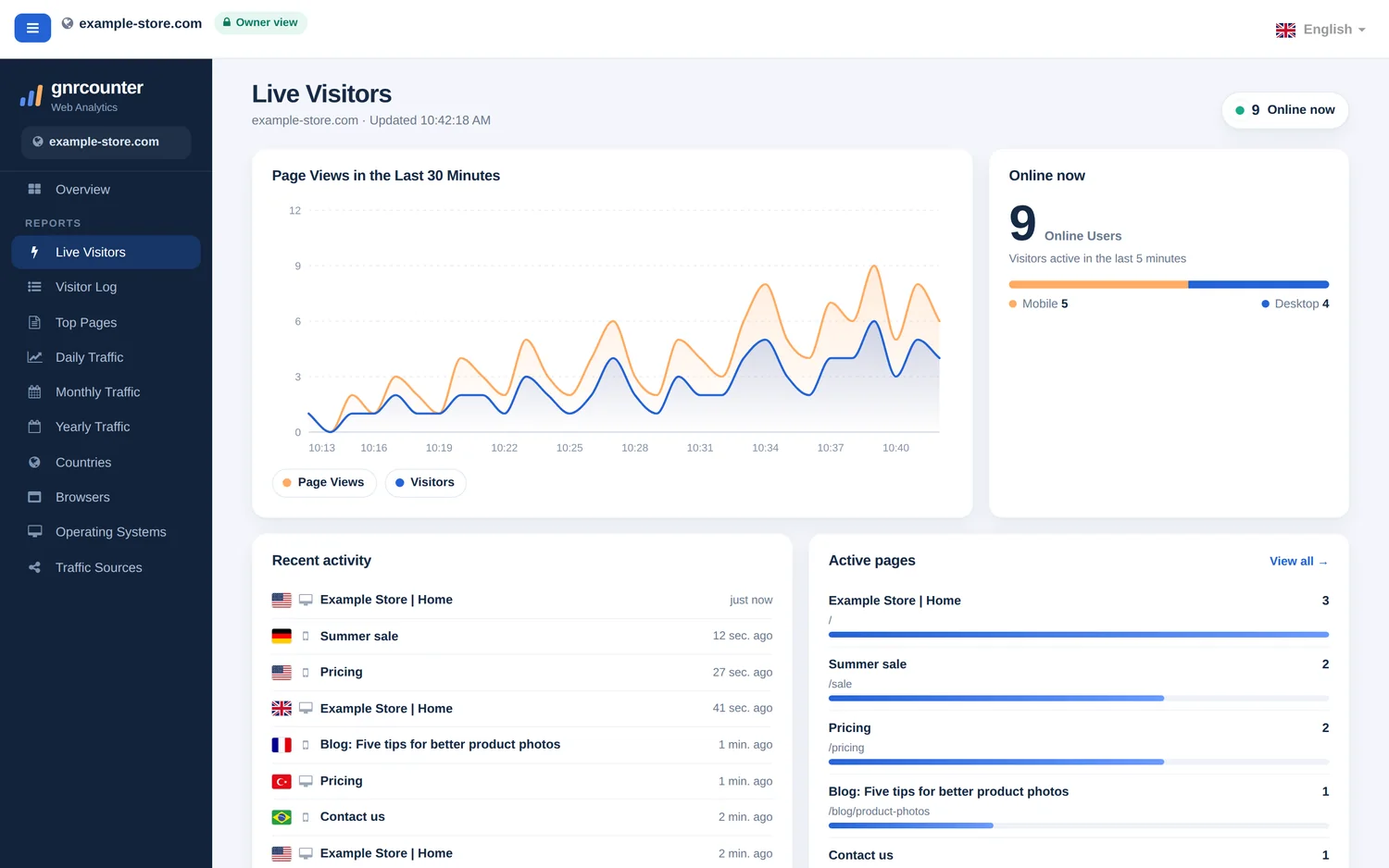 Page Visiteurs en direct avec 9 utilisateurs en ligne, un graphique de pages vues animé et une liste d’activité remplie