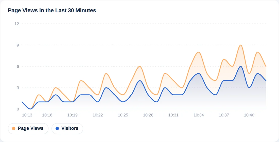 Graphique des pages vues et des visiteurs pour chaque minute des 30 dernières minutes
