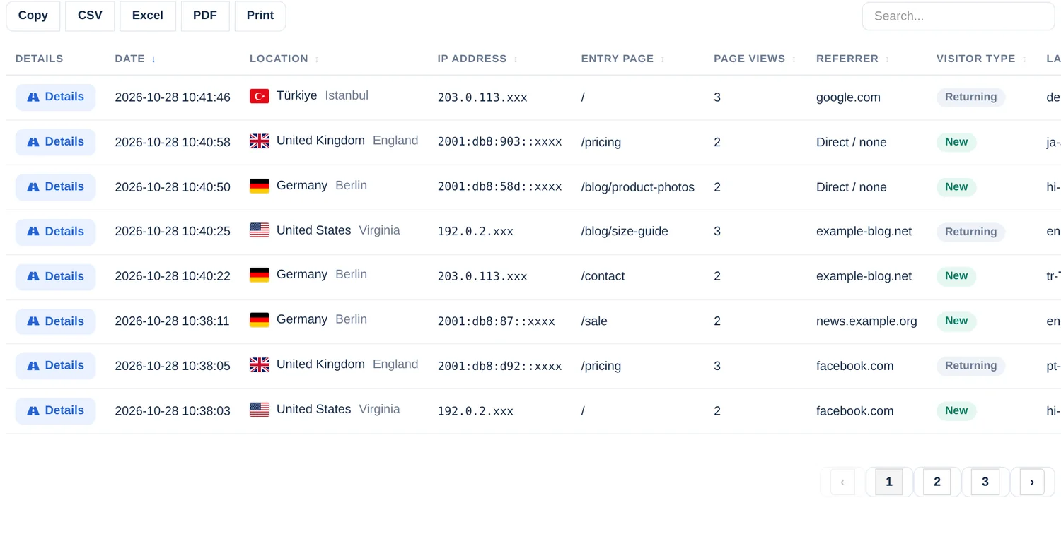 Le côté gauche du tableau des visiteurs : bouton Détails, date, localisation, adresse IP, page d’entrée et pages vues