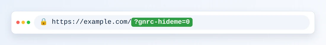 Une barre d’adresse de navigateur affichant https://example.com/ suivi de ?gnrc-hideme=0 en surbrillance