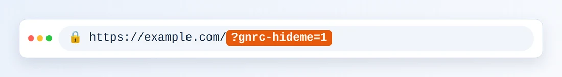 Une barre d’adresse de navigateur affichant https://example.com/ suivi de ?gnrc-hideme=1 en surbrillance